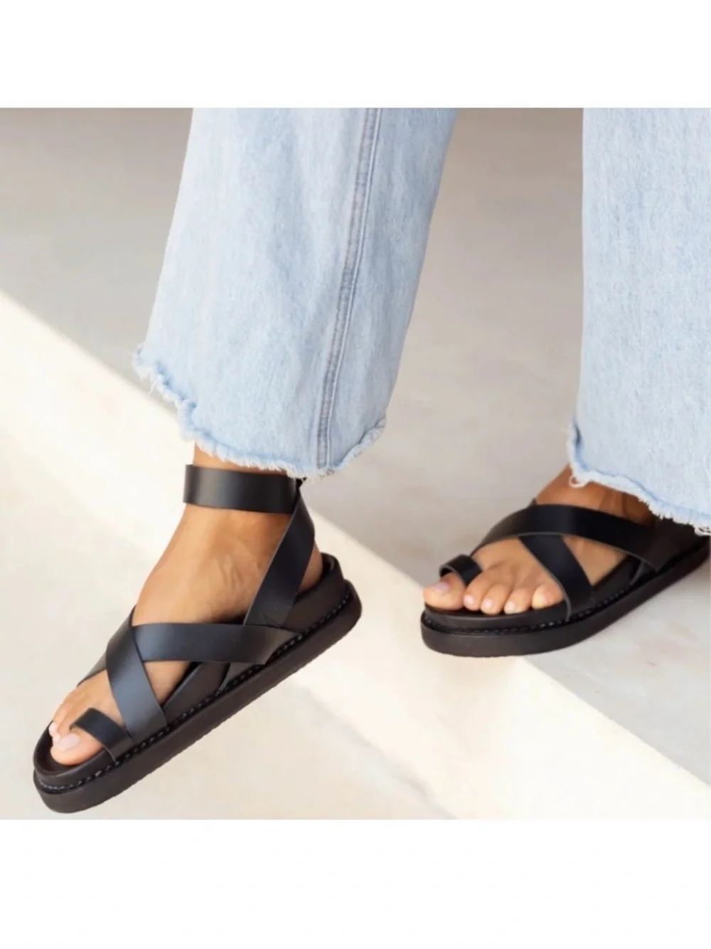 DISSH Black Leather Cross-Strap Sandals